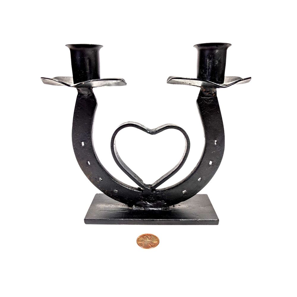 Horseshoe Double Candle Holder W/Heart Artist Made Vintage 90s Rustic Western
